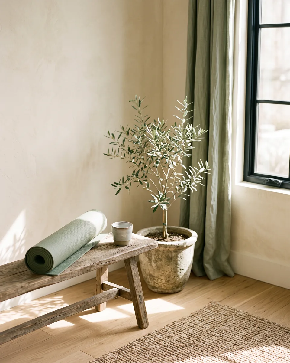 A bright, welcoming corner of a home with a rolled exercise mat